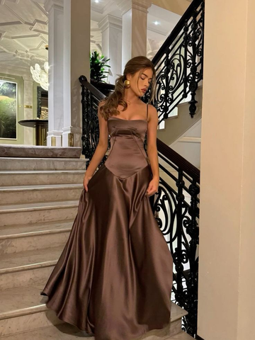 Simple Brown Spaghetti Straps A Line Prom Dress Party Dress HZ1023